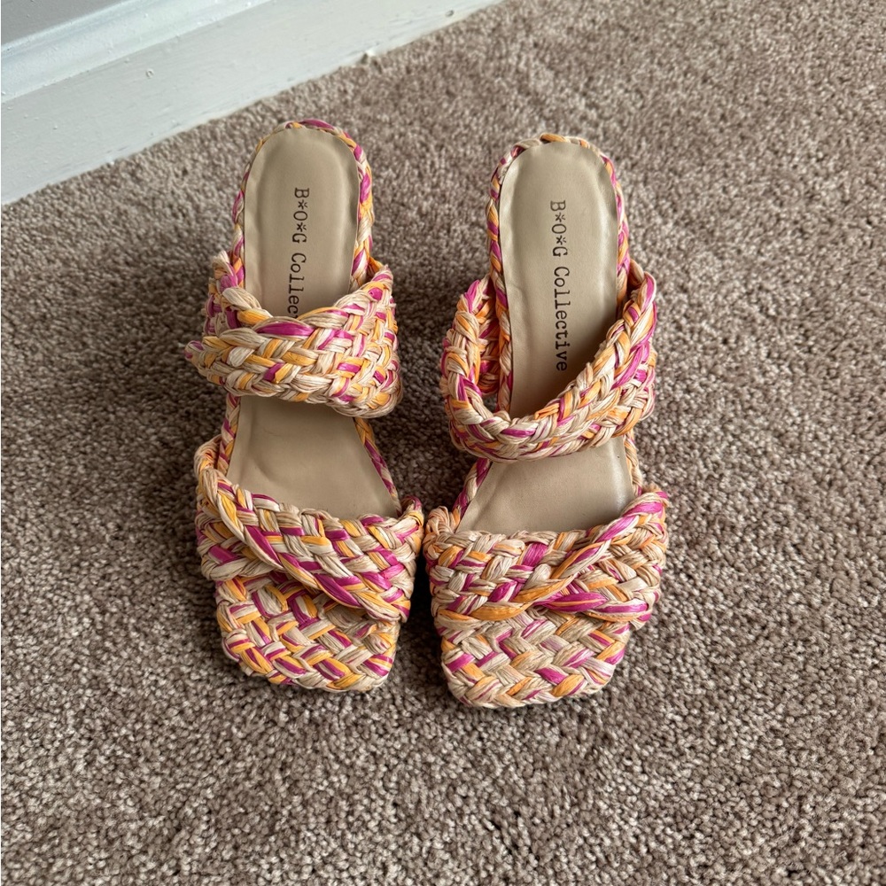 Pink,orange, and tan block heels
